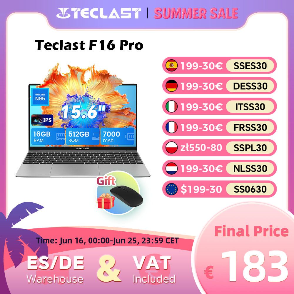 Notebook Teclast F16 Pro, Windows 11 Pro, Processador Intel N95, 16GB RAM, 512GB SSD, Tela IPS 15,6" 1920x1080, Wi-Fi 6, USB 3.2, Teclado retroiluminado, mini-HDMI