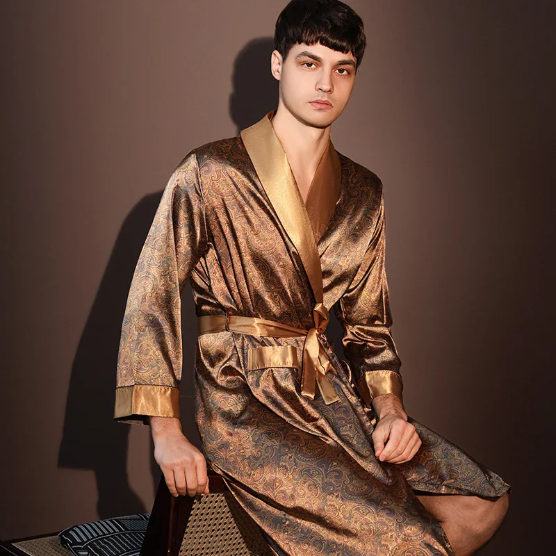 High Quality Nightrobes Men Summer Thin Bathrobe Large Size Ice Silk Printed Pajamas One-piece Robe Male Loungewear Gents Spring