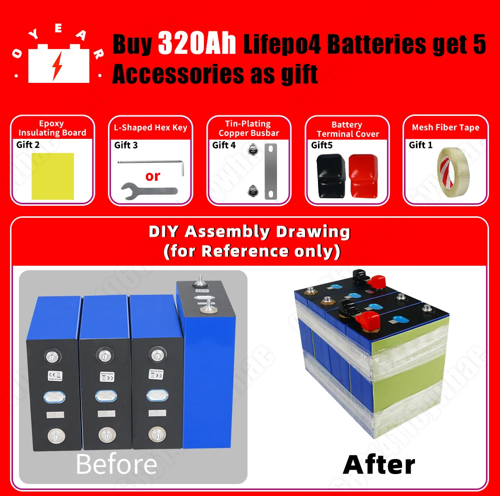 Klasse A 8000 Zyklen 320 Ah Lifepo4 Batterie 3,2 V Lithium-Eisenphosphat Wiederaufladbare Zelle Für DIY 12 V 24 V RV Solar Camping EU Lager