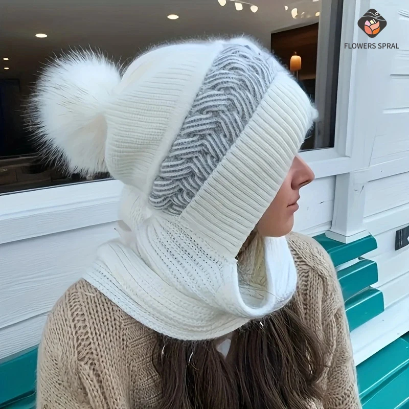 Hat and scarf in one, women's winter warm and versatile autumn and winter woolen hat, fashionable Korean version with added flee