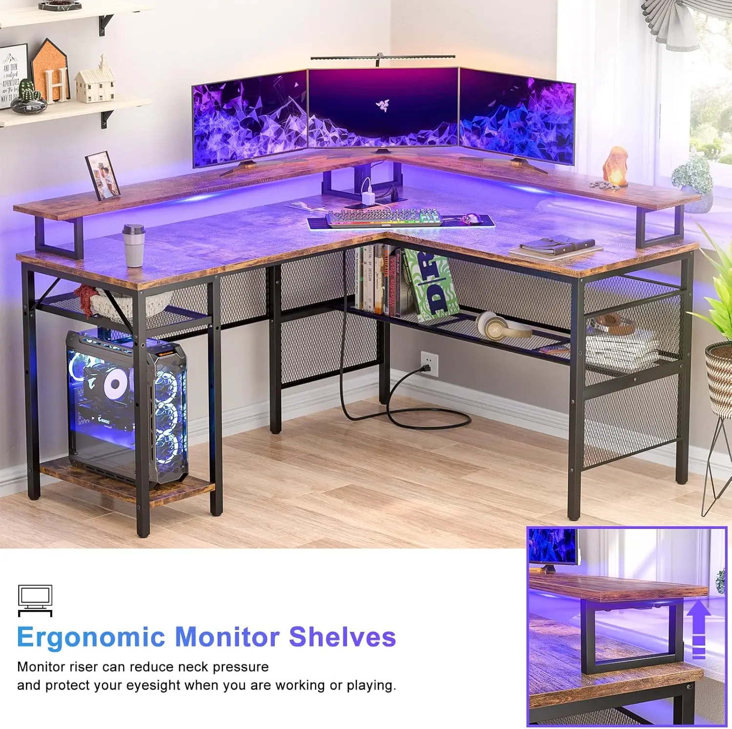 L Shaped Desk with LED Light and Power Outlet, Reversible Corner Computer Table with Monitor Stand and Storage Shelf, Modern L-