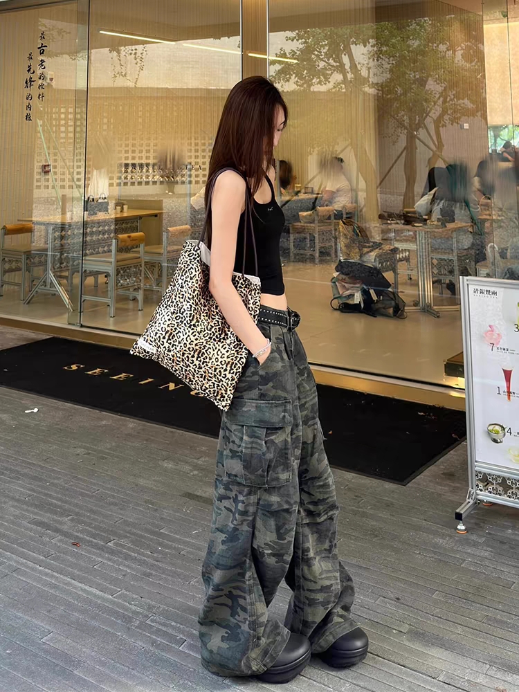 plus Size American Retro Camouflage Casual Work Pants Women Loose Wide Leg Jeans Autumn New Sle High Waist Zipper Closure