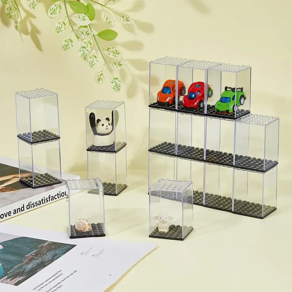 Clear Building Blocks กล่องตู้โชว์บล็อกของเล่นโปร่งใสกันฝุ่นจอแสดงผล Stackable Square Storage กล่อง Organizer