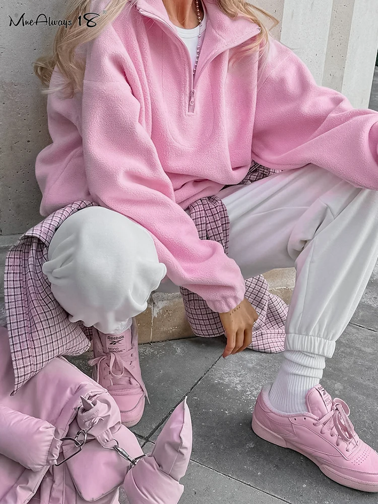 Mnealways18 PolarขนแกะสีชมพูZipperเสื้อผู้หญิงStreetwearเสื้อแขนยาวฤดูใบไม้ร่วงฤดูหนาว2024แฟชั่นสุภาพสตรี