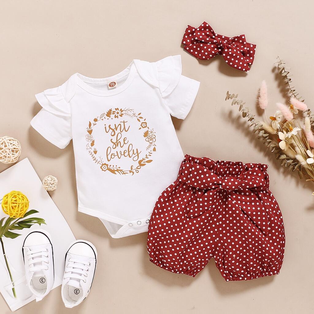 Roupas para bebês recém-nascidos de 0 a 18 meses, macacão com bolinhas e cintura elástica, faixa infantil com nó de laço, 3 peças, conjunto casual fofo