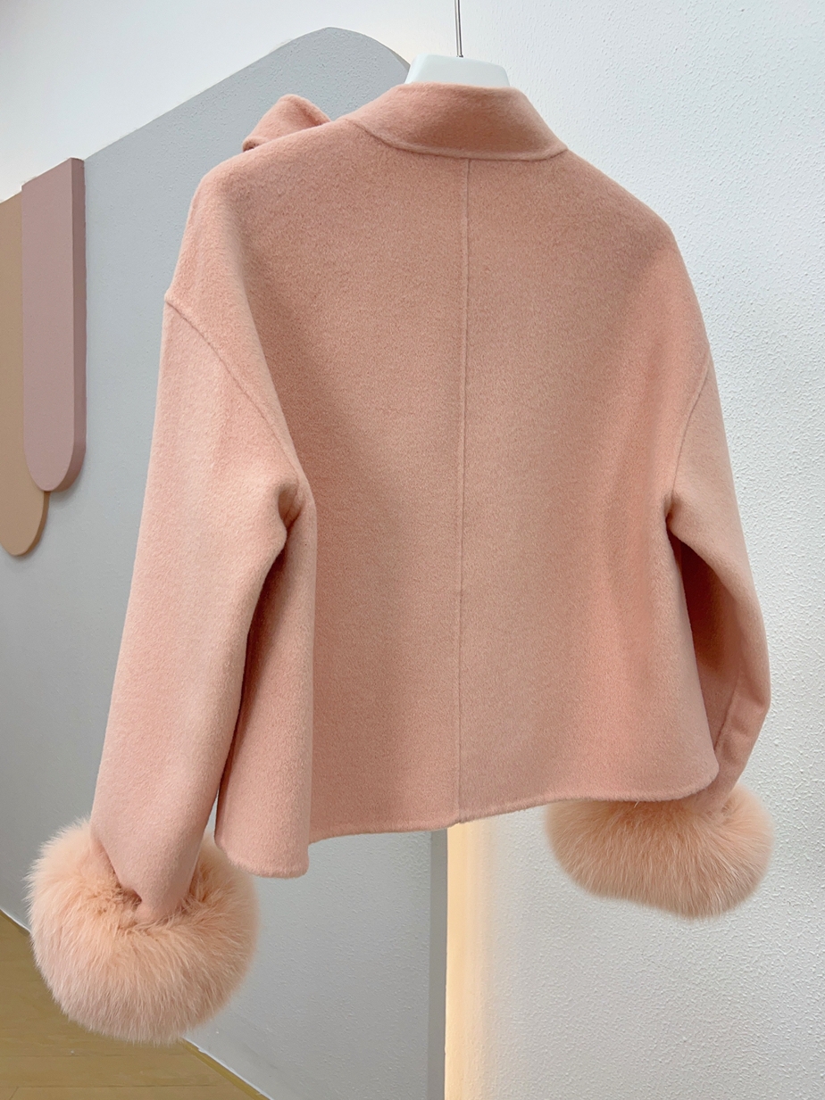 女性用カシミヤウールとウールのジャケット,豪華なコート,本物の天然のキツネの毛皮のパッチワーク,女性のアウトドアウェア,コート,新しい冬2024