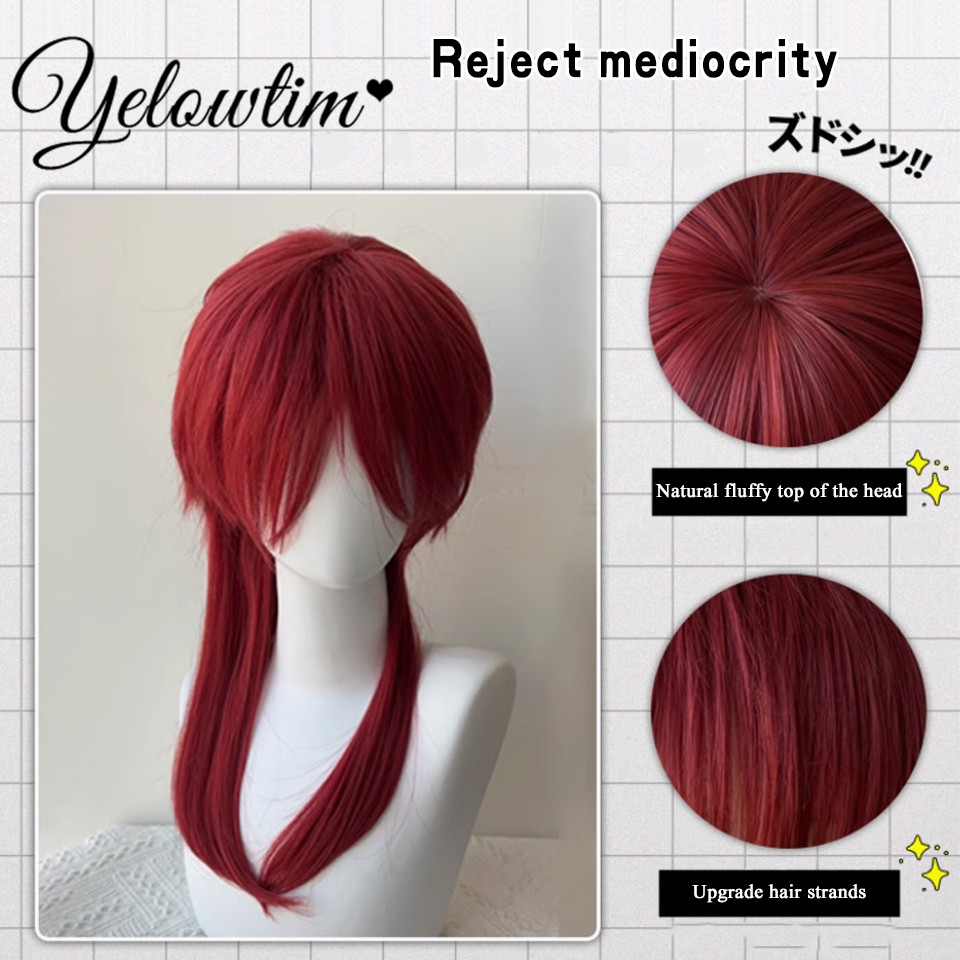 Yelowtim-男性用の長いかつらのセット,オオカミの尾,赤,アニメ,ユニセックス,フル