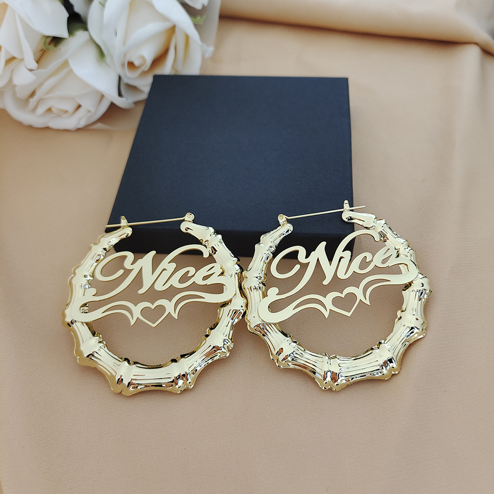 Pendientes de bambú de 30 mm-100 mm Pendientes con nombre personalizado Pendientes de personalidad de estilo bambú de aro personalizado con forma de corazón con caja de regalo