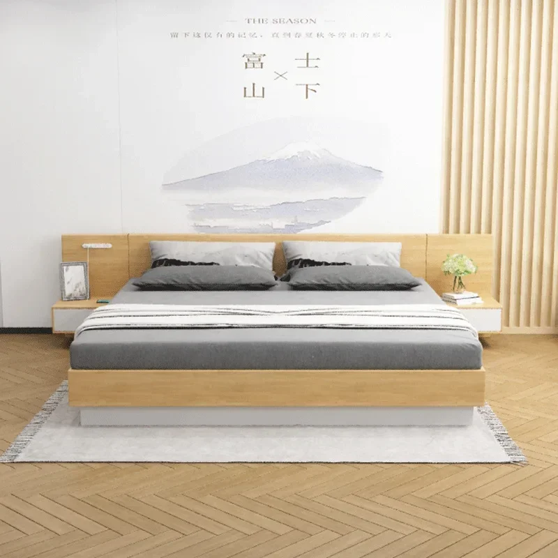 Natürlicher Stil, Apartment, Hotel, Zuhause, Doppelbett, King-Size-Bett, Queen-Size-Bett, solide Basis, Tatami-MDF-Bettgestell mit Kopfteil