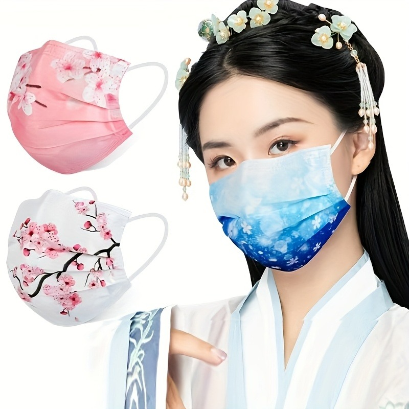 10 peças máscaras faciais românticas com estampa floral e céu estrelado para mulheres, polipropileno tecido de 3 camadas, elástico, respirável e proteção solar