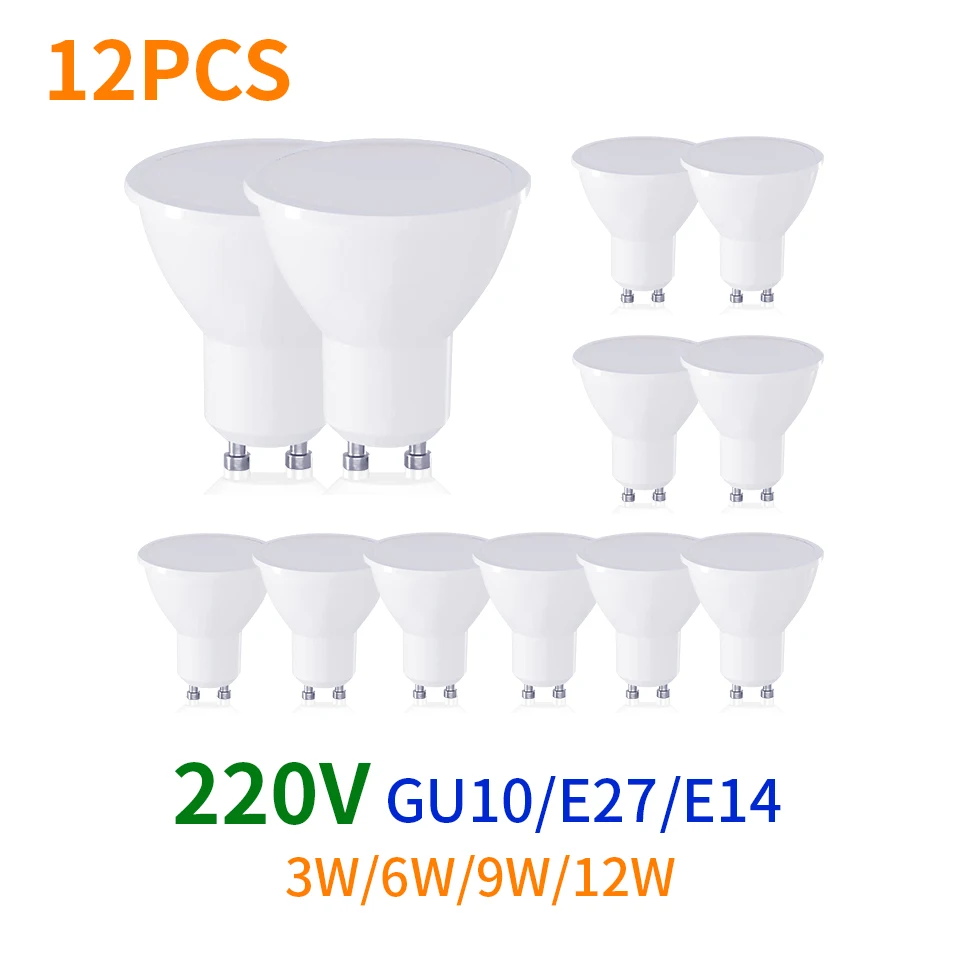 12 Uds AC220V bombilla LED 3W 6W 9W 12W GU10 bombilla de foco LED ángulo de haz de 270 grados para decoración de hogar y oficina lámpara de luz