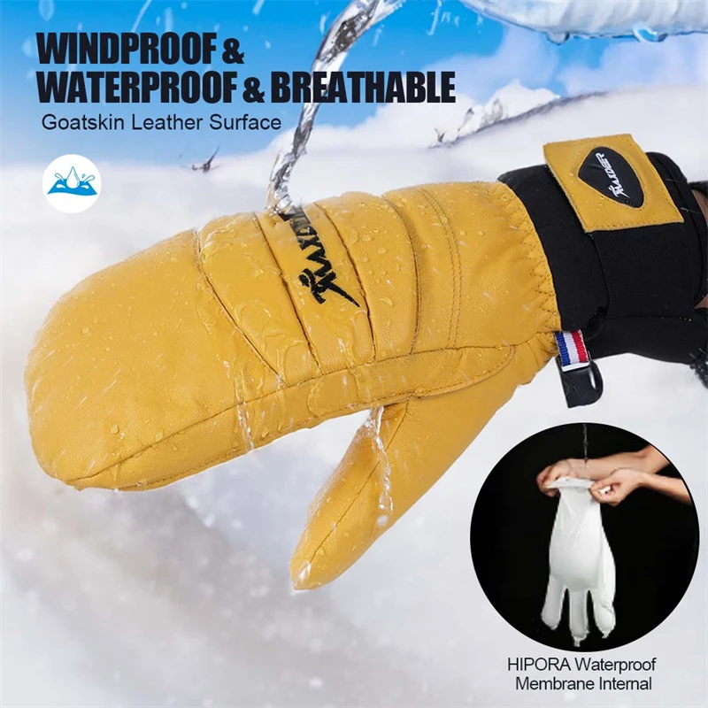 MAXDEER Skihandschuhe Leder Snowboard Fäustlinge Herren Damen Skifahren Schneemobil Schneesport Winter Thermohandschuhe Wasserdicht Winddicht