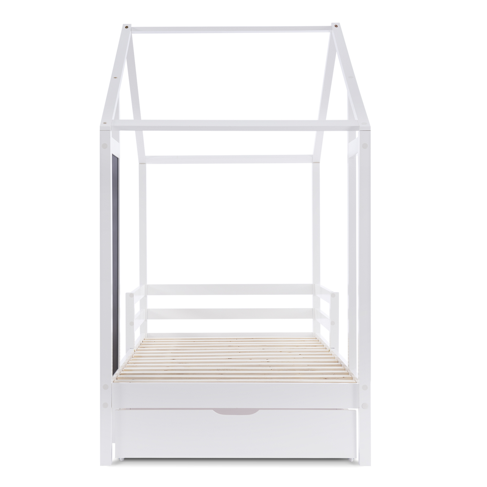 Łóżko dziecięce 90x200 cm z 2 szufladami i deską, łóżko pojedyncze, lite drewno z płotem i ramą z listew, białe