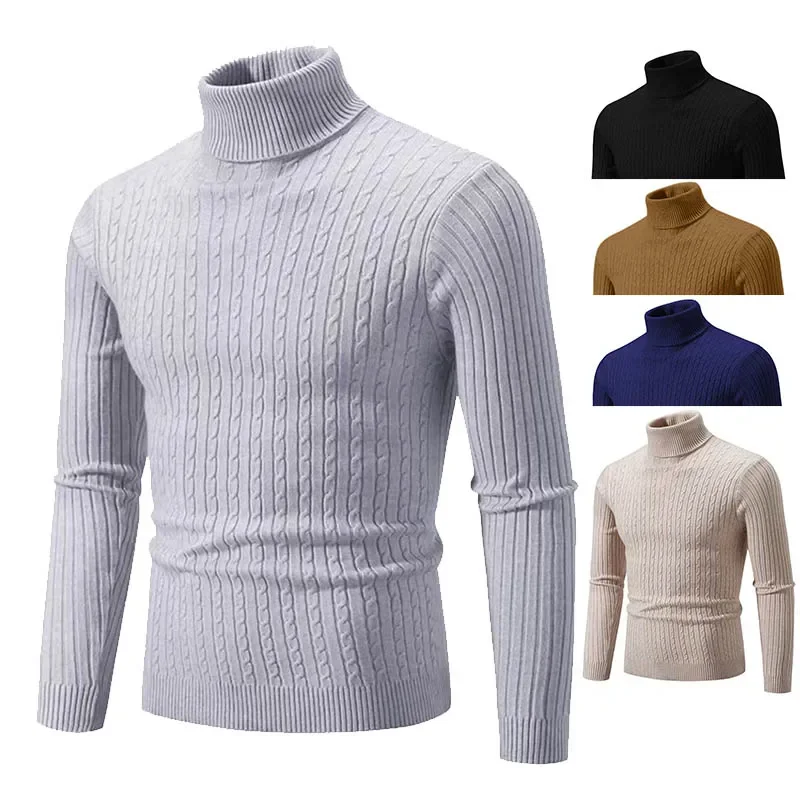 2025 nuevo suéter de cuello alto para hombre, jersey de Color sólido, tejido cálido, informal, sudadera de cuello alto, Tops de lana para hombre para invierno al aire libre