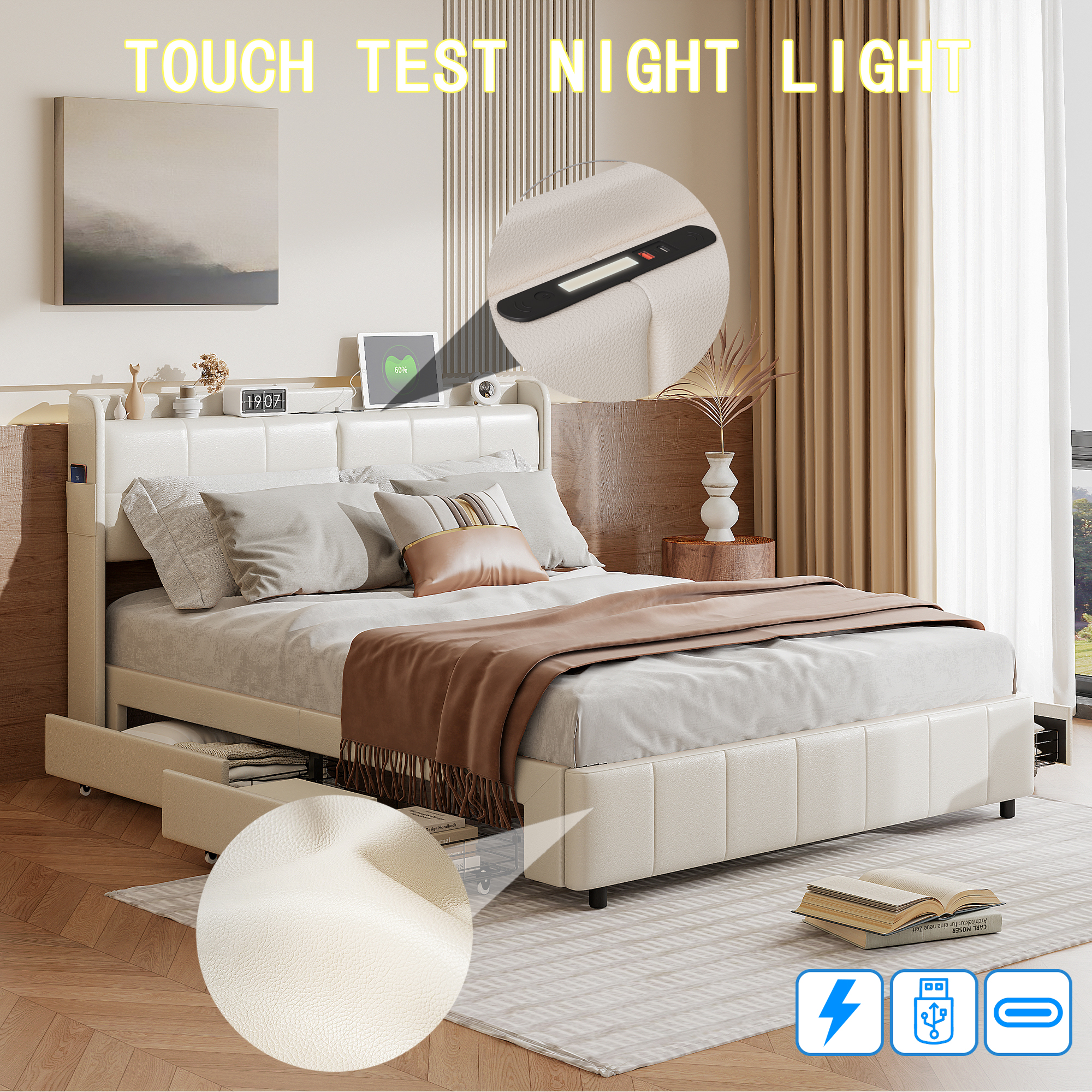 Cama tapizada 160x200cm con función de carga USB cabecero y iluminación LED y 4 cajones, estructura de cama doble con almacenaje