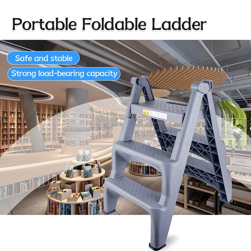 Large Load Capacity 3-Tier Plastic Folding Ladder Sturdy Portable Step Ladder for Home Garden Use