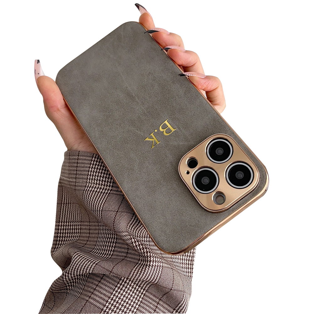 Funda de cuero personalizada con nombre para Iphone 11 12 13 14 15 16 Pro Max, marco chapado, funda con iniciales de piel de cordero 16 11 15Pro