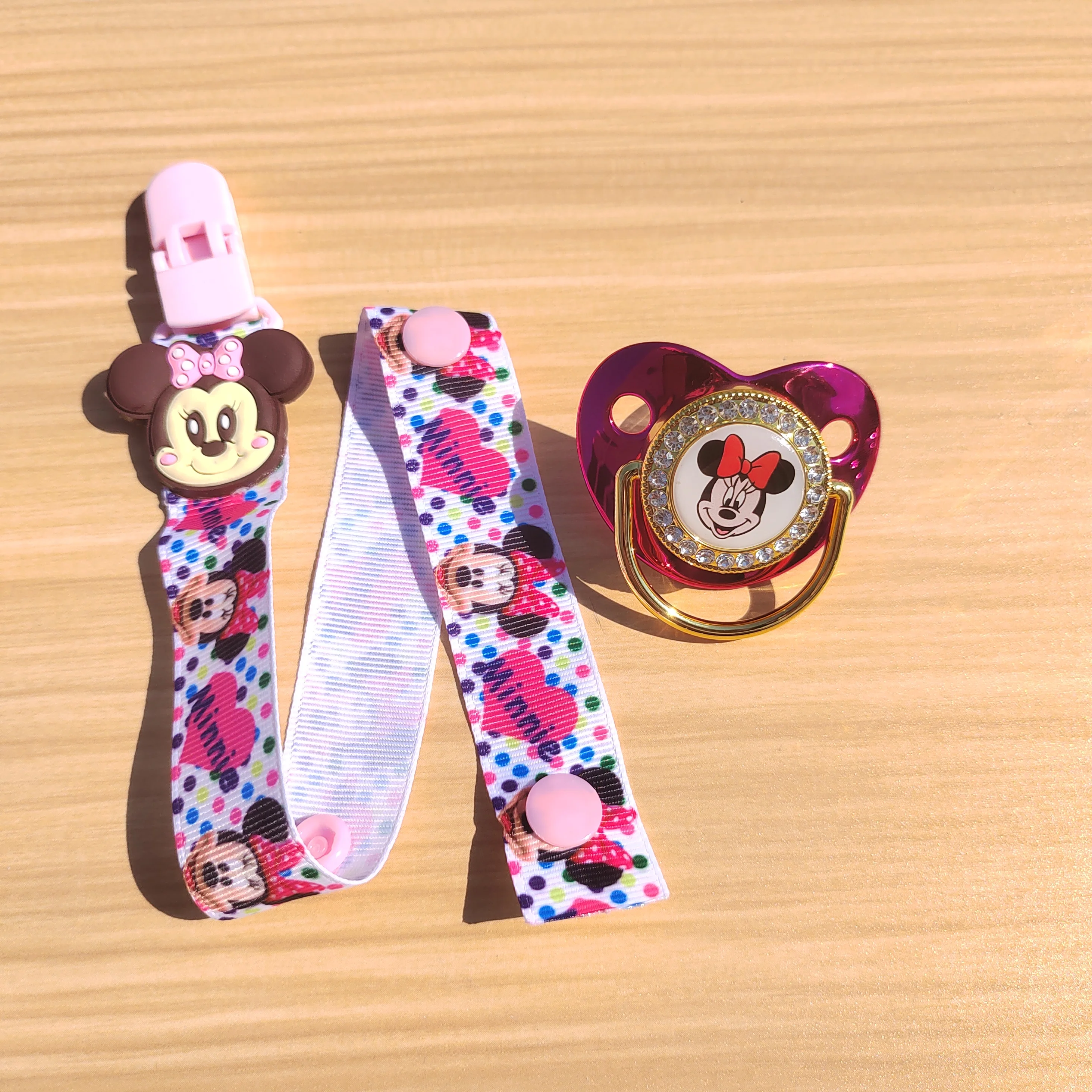 Disney Minnie Mouse การ์ตูน calico Strip คลิปเด็กทารกหรูหรา Pacifier BPA ฟรี Bling ปลอม Pacifier สําหรับเด็กทารกและเด็กทารก