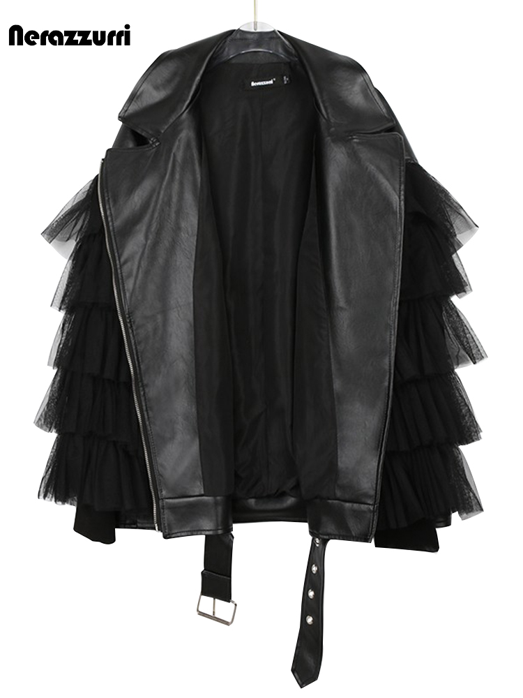 Nerazzurriฤดูใบไม้ผลิฤดูใบไม้ร่วงหลวมสีดําเสื้อหนังFauxผู้หญิงลูกไม้แขนยาวซิปเข็มขัดหรูหราแฟชั่น 2022