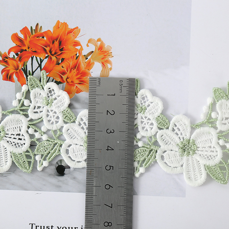 Solúvel em água do laço do bordado da seda do leite, bordado verde do girassol, roupa e acessórios do cabelo, decoração home, 2 jardas, novo