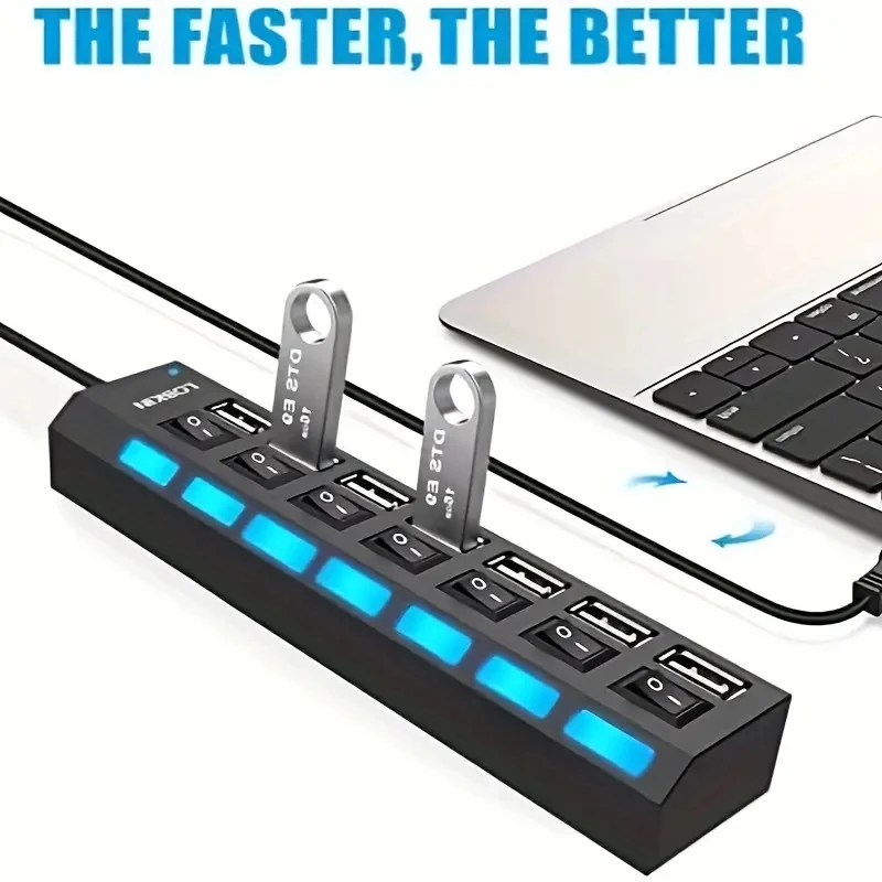 Adaptador expansor USB HUB 2,0 de alta velocidad, 4/7 puertos, divisor Multi USB, extensor múltiple con interruptor de lámpara LED para PC y portátil