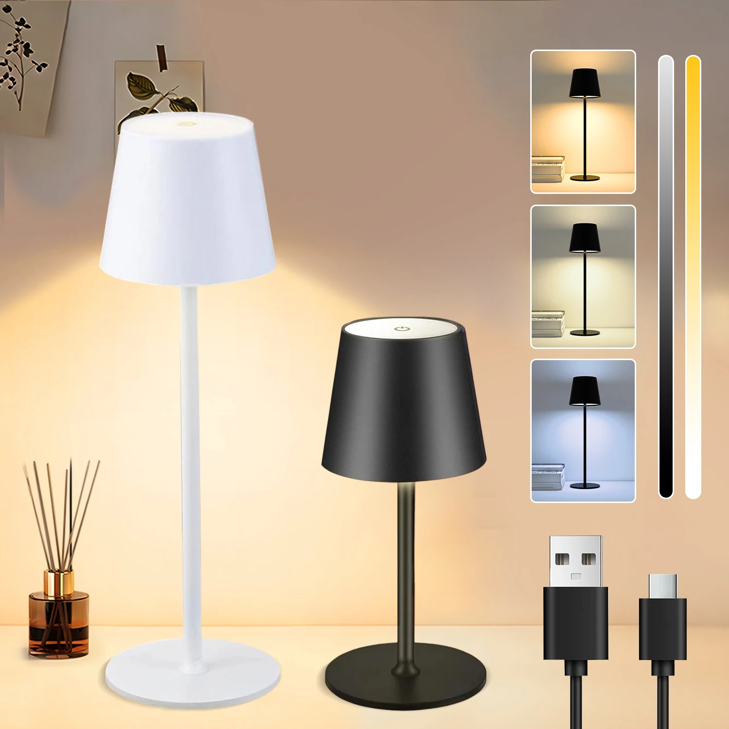 Lampa biurkowa LED Przełącznik dotykowy Lampy stołowe Akumulator 3-kolorowe Możliwość przyciemniania Do sypialni Salon Bar Kolacja Oświetlenie do czytania