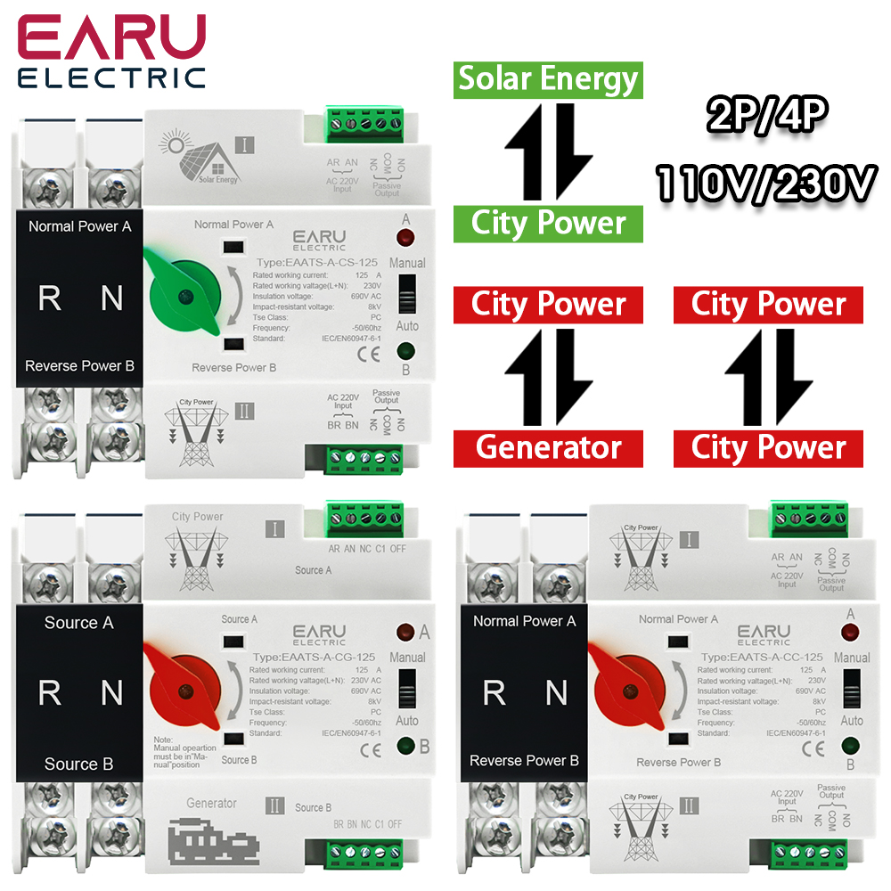 Riel Din ATS PV 2P 4P 125A AC 230V 110V interruptor de transferencia automática de doble potencia interruptores selectores eléctricos energía ininterrumpida