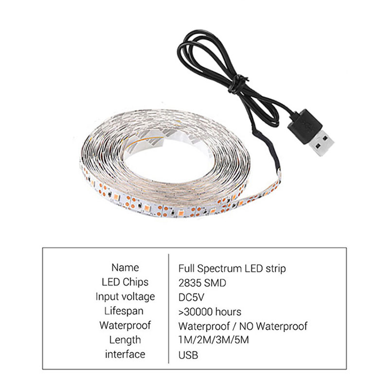 屋内栽培用LEDストリップライト,植物栽培用のフルスペクトル植物ライト,5V DC,1-5m