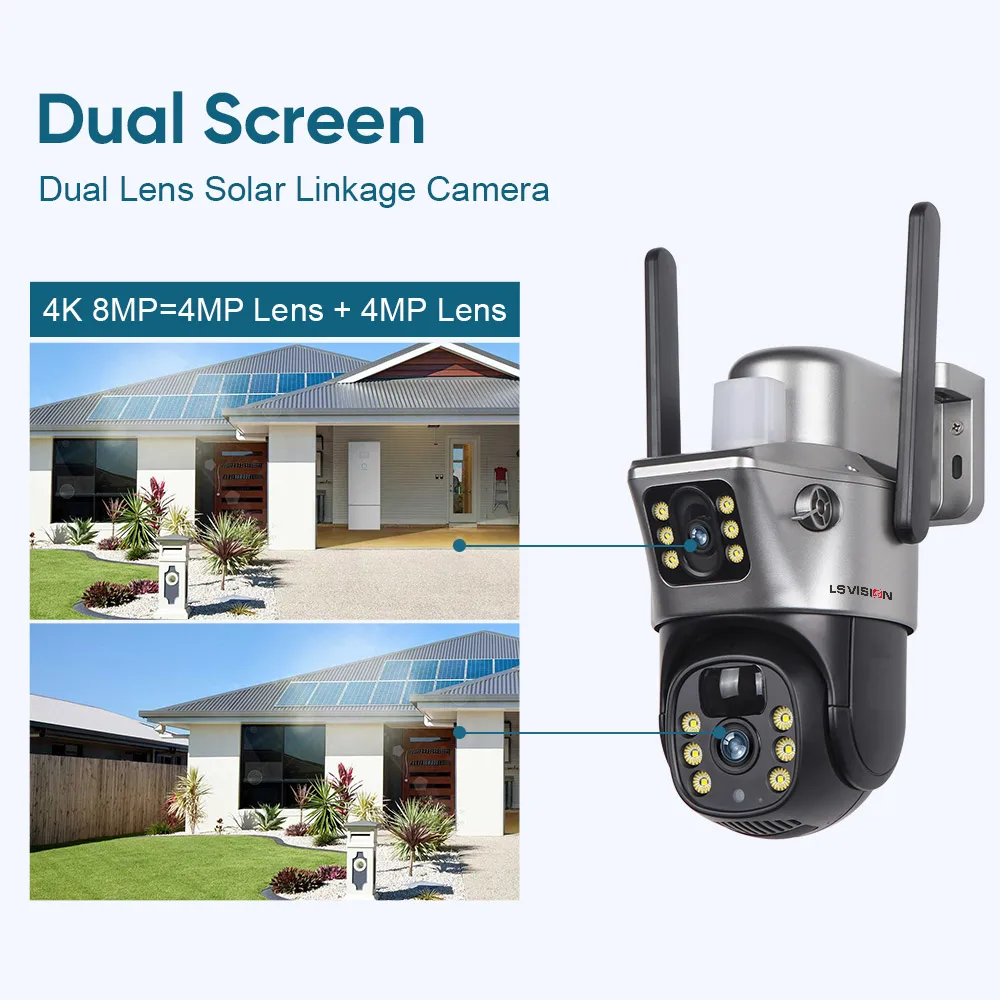 LS VISION 4K 8MP Dual หน้าจอพลังงานแสงอาทิตย์กล้องกลางแจ้งไร้สาย 4G/WiFi PTZ Dual เลนส์ป้องกันความปลอดภัยการติดตามอัตโนมัติกล้องวงจรปิดกล้อง