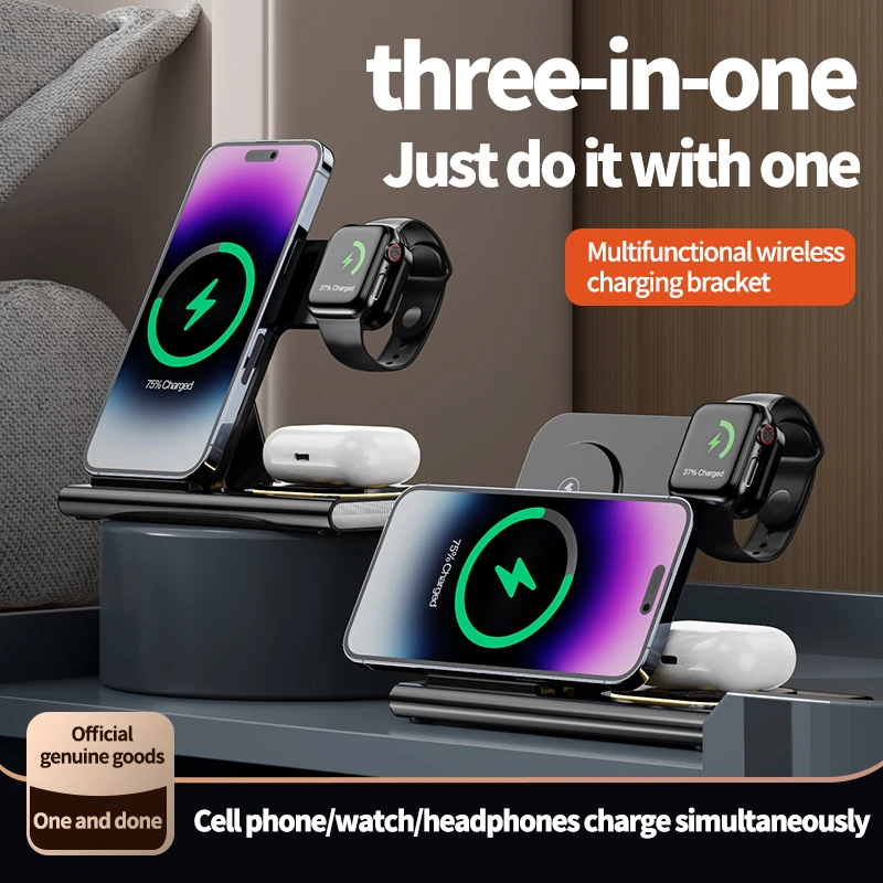 Supporto per caricabatterie wireless da 15 W 3 in 1 per iPhone 14 13 12 Pro Max Apple Watch 8 7 Samsung Watch 5 Airpods Dock station di ricarica rapida