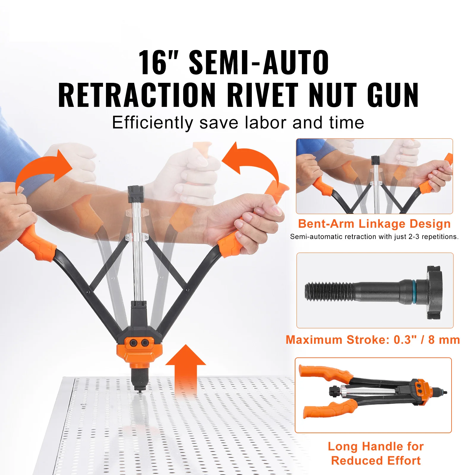 VEVOR Riveteuse Manuelle pour Écrou à Sertir 41 cm Pince à Insert Fileté avec 13 Mandrins 186 Écrous de 13 Tailles Outil à Riveter Dérivetage Semi-Automatique avec Mallette pour Automobile Bricolage