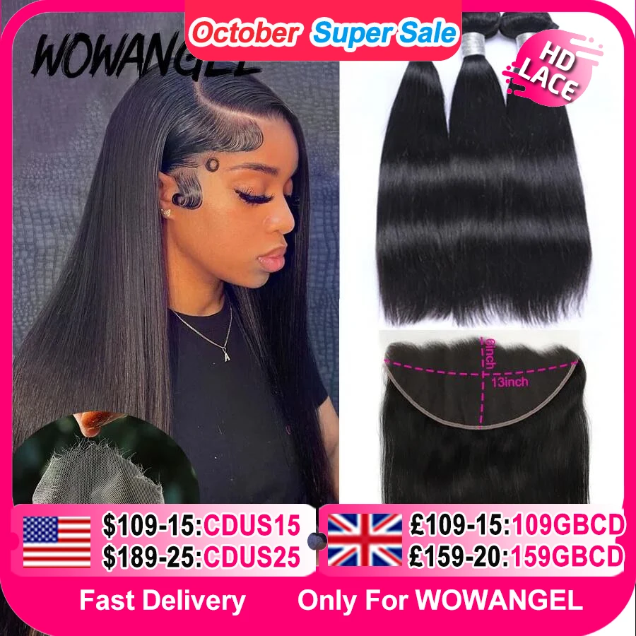 Wowangel 13x6 hd laço frontal com pacotes de cabelo humano 5x5 hd fechamento do laço derreter skins extensão do cabelo reto brasileiro para mulher