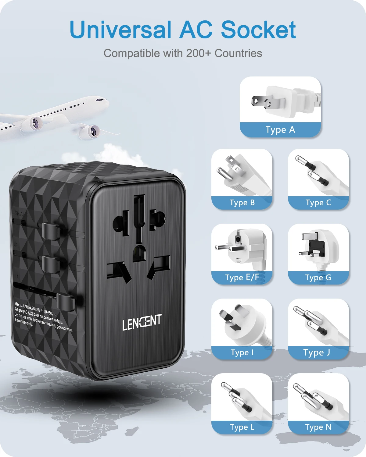 LENCENT Adaptador de viaje universal GaN de 65 W con 2 USB 3 tipo C Cargador de viaje todo en uno de carga rápida UE/REINO UNIDO/EE. UU./AUS para viajes