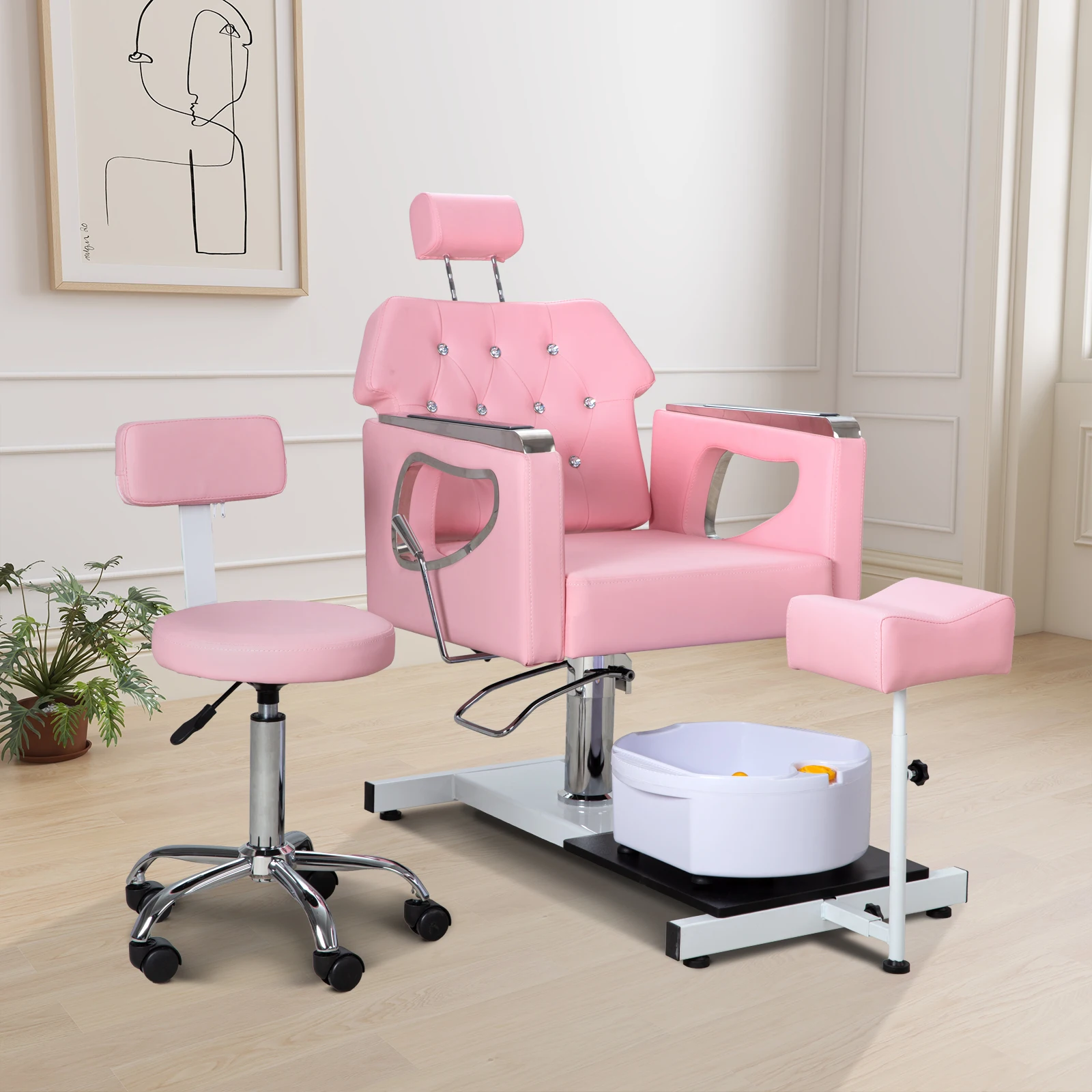 Pedicure Chair No Plumbing, 360° Swivel Hydraulic Adjustable Reclining Station with Massage Foot Bath & Footrest for Nail Tech,