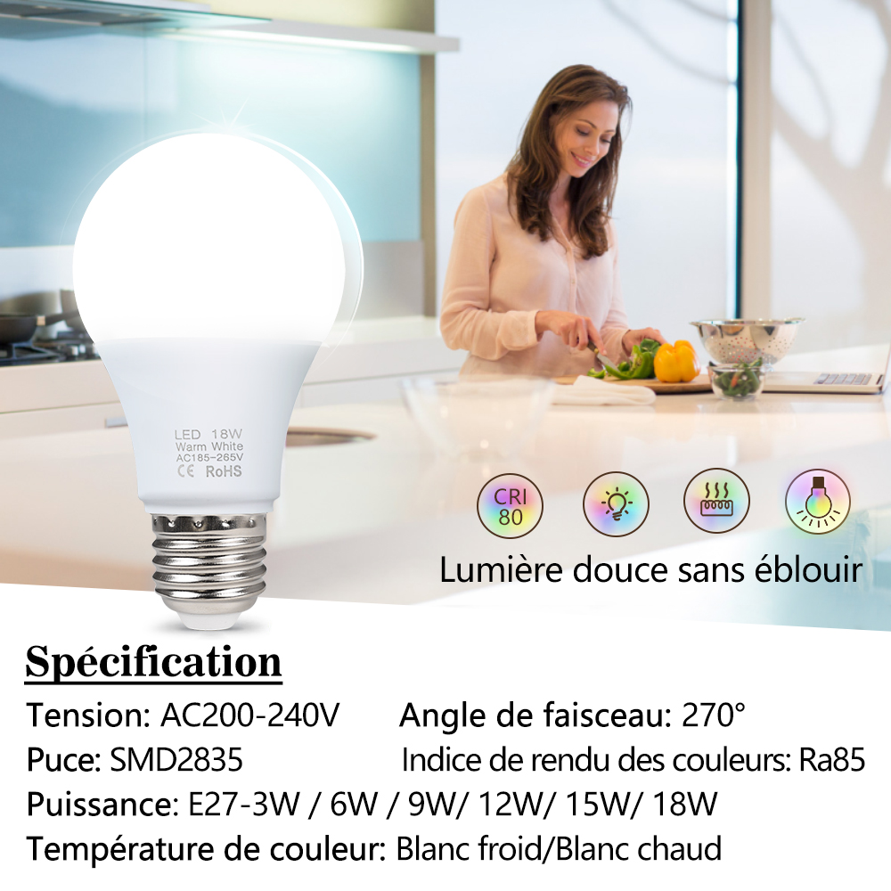 3W 6W 9W 12W 15W 18W LED ampoule lampes E27 Lampada LED ampoule AC 220V-240V Smart IC haute luminosité Bombilla lampe projecteur