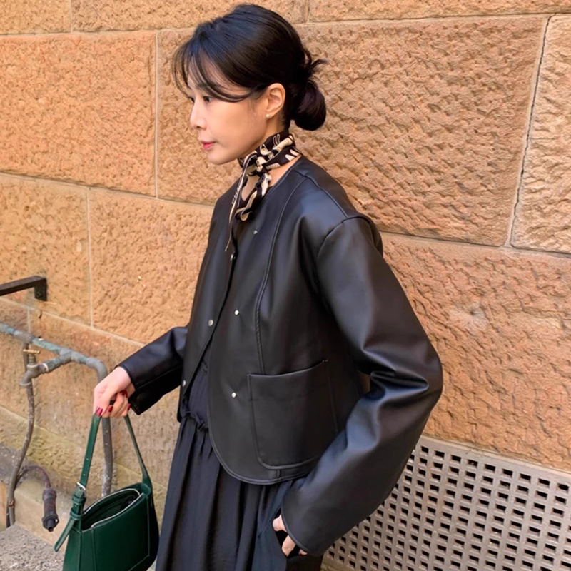 Retro Chic PU Leather Jacket Short Outerwear Women's Loose Long Sleeve Asymmetrical Buckle Design Fall Winter New Sle