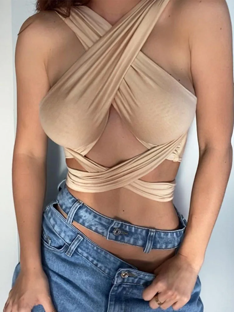 ผู้หญิง Strappy ข้ามด้านหน้าตัดออก Halter คอแขนกุด Backless Crop Top เสื้อกั๊กฤดูร้อนเซ็กซี่เสื้อผู้หญิงเสื้อผ้า