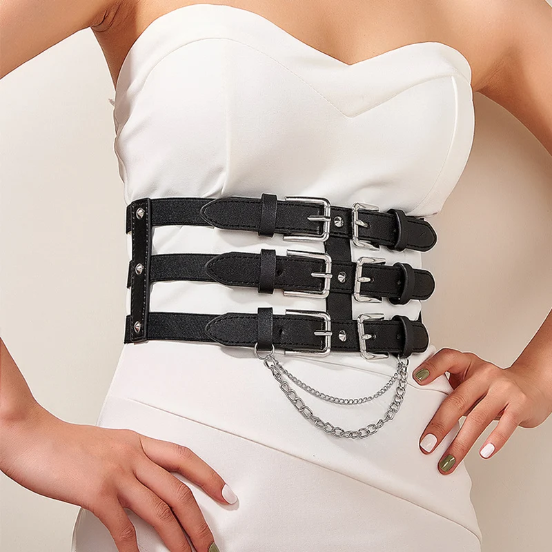 Punk Chain Cummerbund ozdobny gorset damski pod biustem luksusowy projektant Vintage tunika skórzana damska sukienka pasy biodrowe PJ541