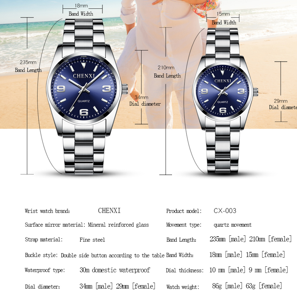 Chenxi casual moda casal relógio pulseira inoxidável luminosa masculino e feminino estilo clássico quartzo relógios de pulso presente do amante
