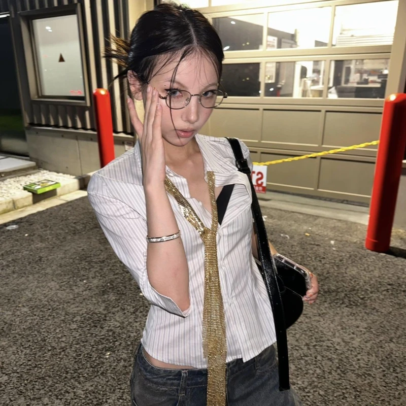 Deeptown y2k vintage listrado camisa feminina harajuku meia manga blusas de moda coreana gyaru magro elegante escritório senhoras primavera