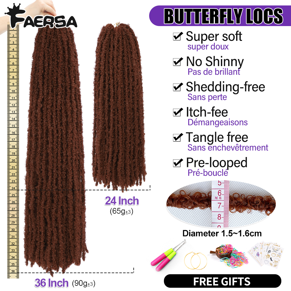 Borboleta locs crochê cabelo dreadlocks meche falso fechaduras crochê tranças de cabelo extensões fechaduras macias trança encaracolado cabelo sintético