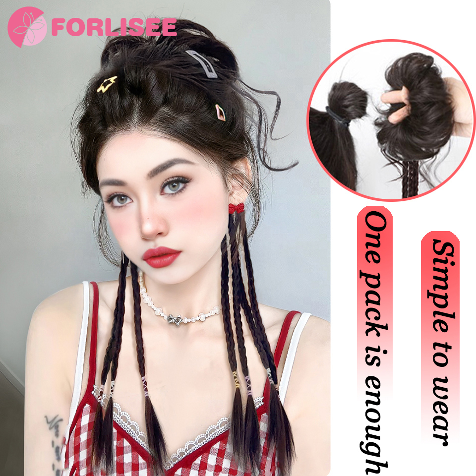 Forlisee-編み込みのボールヘッド,合成,ふわふわ,天然の花のつぼみ,ドラゴンのあごひげ,ハーフタイ,ボクシングの三つ編み