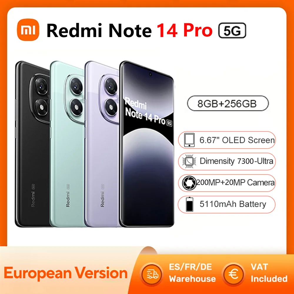 Globale Version Xiaomi Redmi Note 14 Pro 5G Smartphone MediaTek Dimensity 7300-Ultra 200 MP AI-Kamera NFC 6,67" AMOLED-Display IP68