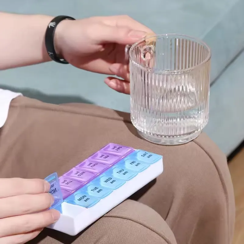 Caixa de comprimidos caso 7 dias semanal caixa de armazenamento de medicina fileira dupla 14 grade tablte dispensador organizador tampa aberta kit de primeiros socorros recipiente