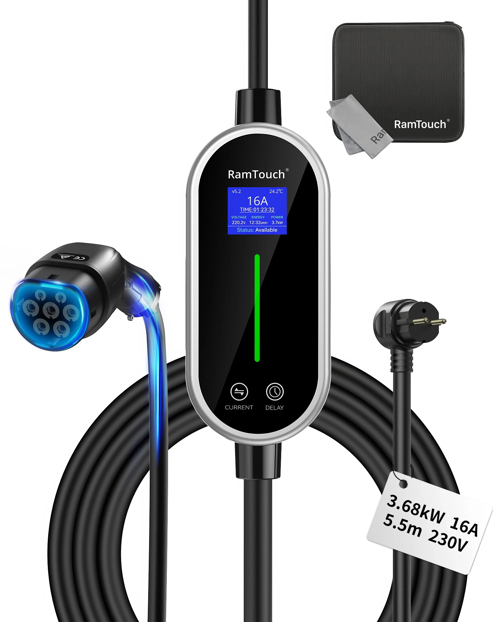 RamTouch Cargador Vehículos Eléctricos (Tipo 2, Enchufe Schuko 16A/CEE 32A), Cargador EV con Función de Carga Ajustable de 8A-16A/8-32A y Programación, Compatible con Vehículos Eléctricos e Híbridos