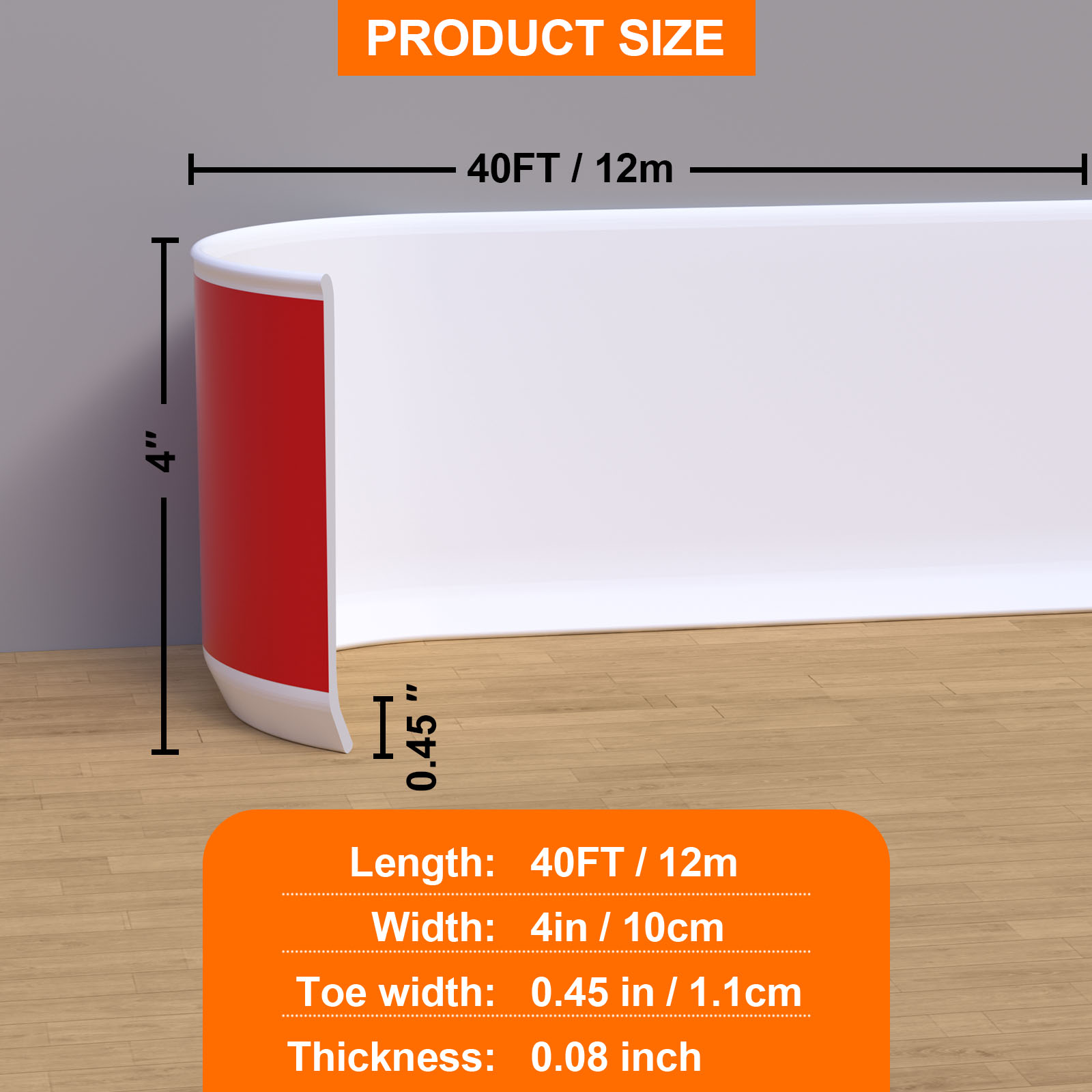 Flexible Baseboard Molding Trim, 4 Inch(W) x 40 Feet(L) Self-Adhesive Vinyl Wall Base Cove Base, Peel and Stick Rubber Wall Base