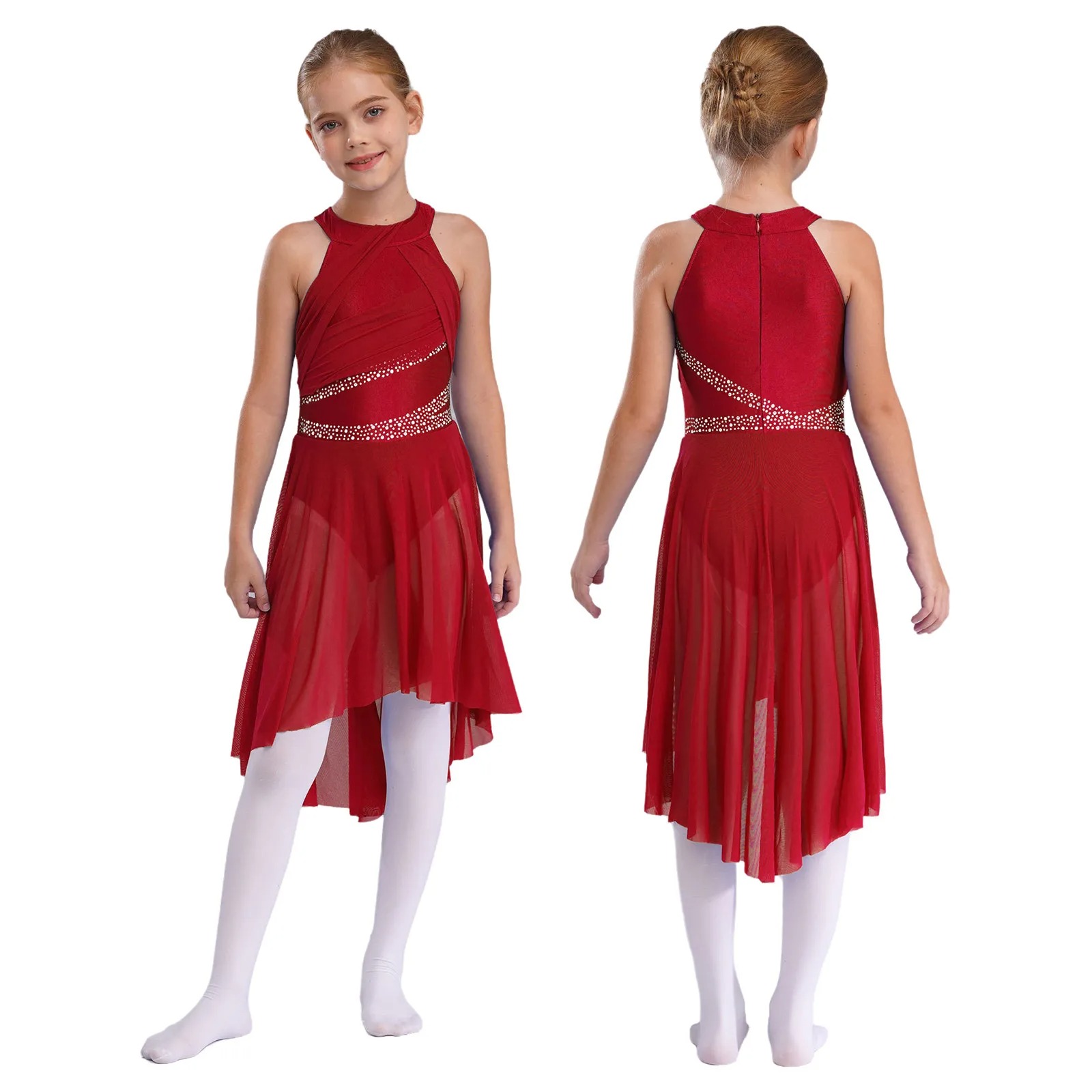 Crianças meninas ginástica rítmica ballet lírico dança latina traje strass ruched collant valsa tango ballet camisa vestidos