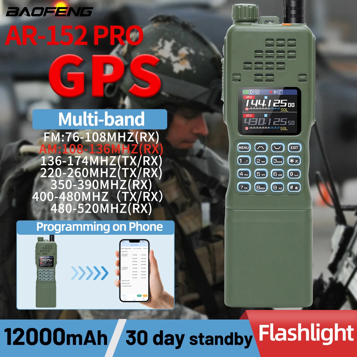 BAOFENG AR-152 プロ GPS トランシーバー長距離 Bluetooth プログラミング 10 ワットマルチバンド 12000mAh 戦術 1000CH 双方向アマチュア無線