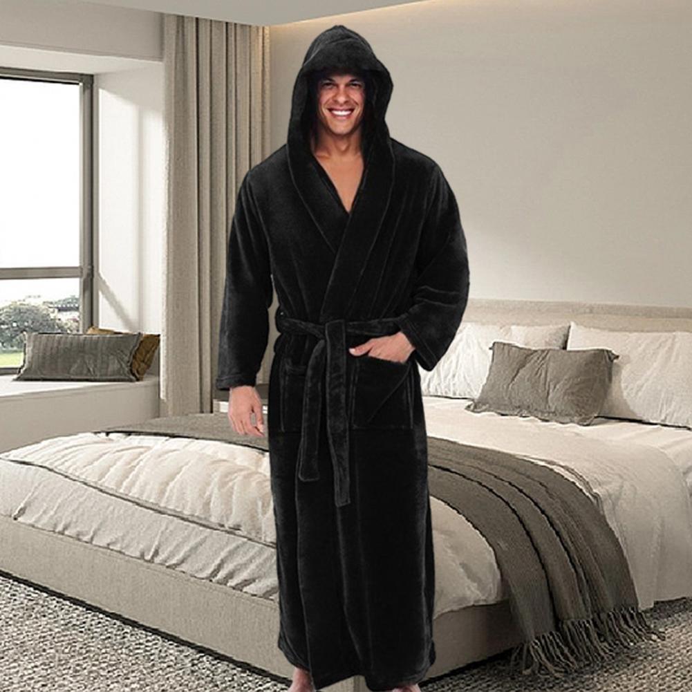 Roupão de banho aconchegante luxuoso masculino com capuz e cinto ajustável ultra macio absorvente masculino robe com bolsos de pelúcia cor sólida