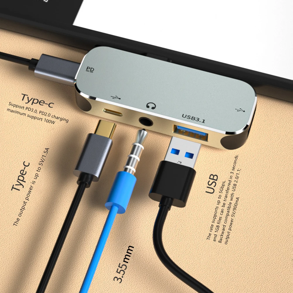 Многофункциональный концентратор 6 в 1 Type-C, разъем 3,55 мм, PD100W, USB3.0/USB2.0/USB3.1, совместимый с HDMI USB-разветвитель